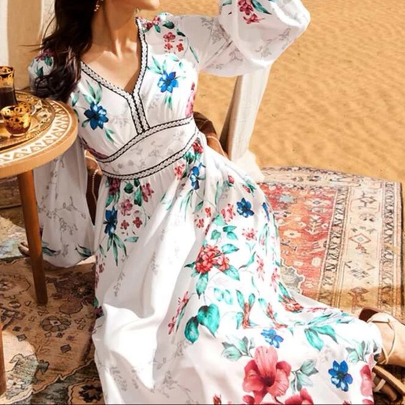 Boho floral print v neck lantern sleeve maxi dress - Picture 5 of 5
